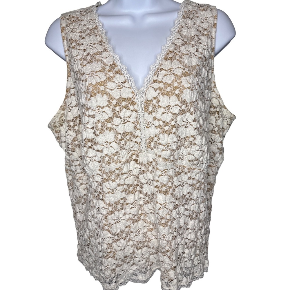 Kathleen Kirkwood White‎ Tan Floral Lace Tank Top 1X V-Neck Coquette Romantic